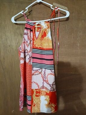New York & Company Red, Pink & Gold Printed Halter Top